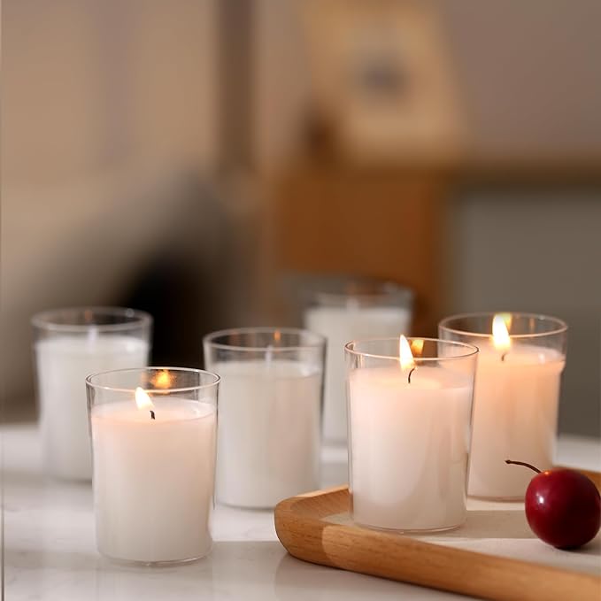 flamecan (Set of 48) Votive Candles, Unscented White Wax, for Wedding, Birthday, Party, Spa, Holiday, Home Decoration (15 Hour Burn Time)
