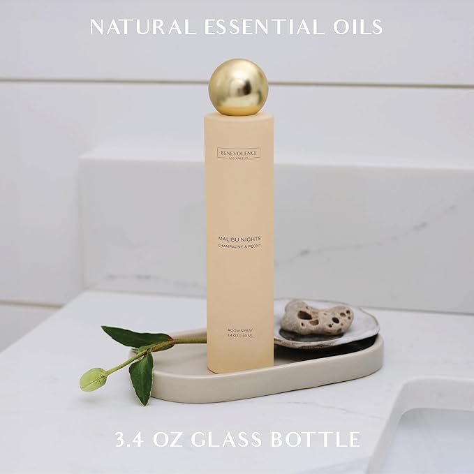 Benevolence LA Malibu Nights Room Spray | Champagne & Peony | 3.4oz | Versatile Home Fragrance, Pillow & Linen Spray | Low VOC, No Alcohol | Malibu Sands Collection
