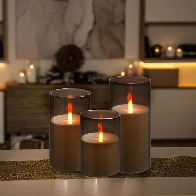 Flameless LED Candles, New Analog 3D Wick Battery Powered Candle, Fake Candle with Remote Control & Timer for Dining Table/Cafe/Living Room/Bedroom/Wedding Center Decor (Grey)