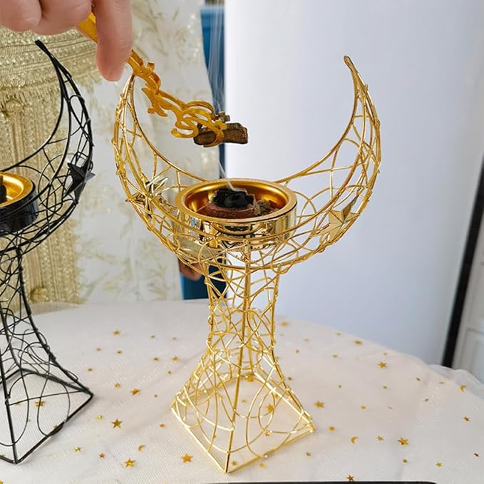 Middle Eastern Moon Shaped Metal Incense Burner Arabic Incense Holder Pot Metal Candlestick Candle Stand Stylish Desktop Aromatherapy Furnace for Aromatherapy Yoga Spa Home Decor