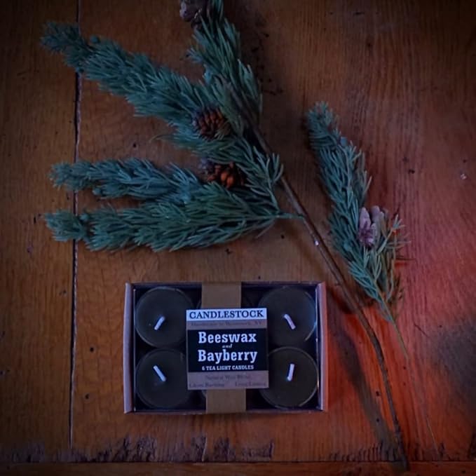 Candlestock Real Bayberry Tealight Candle 6 Pack – Pure Bayberry and Pure 100% USA Beeswax Blend – Dripless Tealight Candle Set