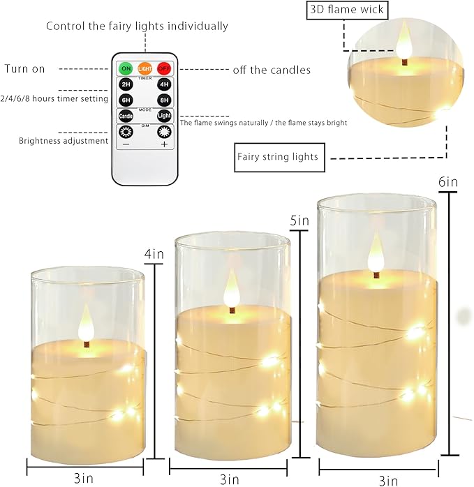 Flashing Flameless Candle with String Light, Battery Powered Candle, Recessed String LED Candle, Indestructible Plexiglass Candles with Remote Control, Set of 3, Ivory White