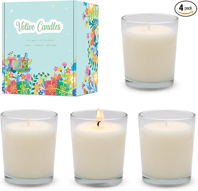 Unscented White Votive Candles in Glass Small Soy Wax 1.8oz Candles for Wedding Party Dinner Table Home, 4 Packs