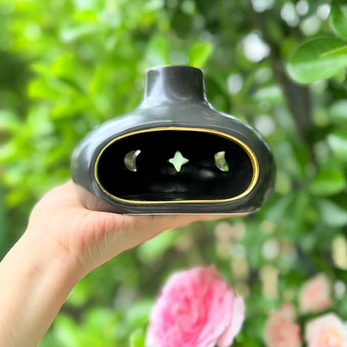 Ceramic Incense Holder Set-Handcrafted Palo Santo&Sage Cone Burner with Holes, Smudge Bowl for Meditation&Yoga-Palo Santo Holder with Brush&Tweezer-Home Decor for Relaxation, Black