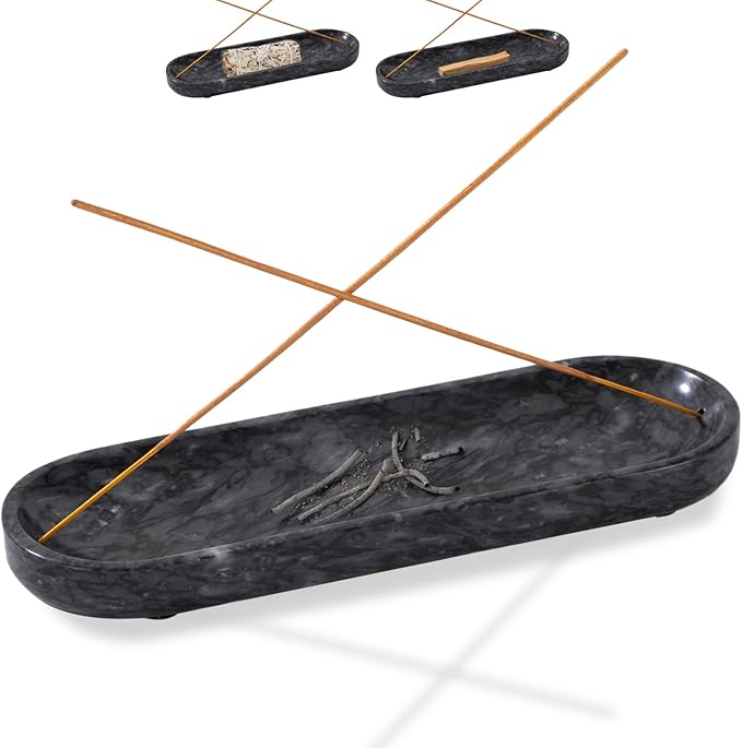 Incense Holder, Natural Marble Incense Burner, Incense Stick Holder for Meditation, insence-Sticks Holder, 10.6inch Ash Catcher (Black)