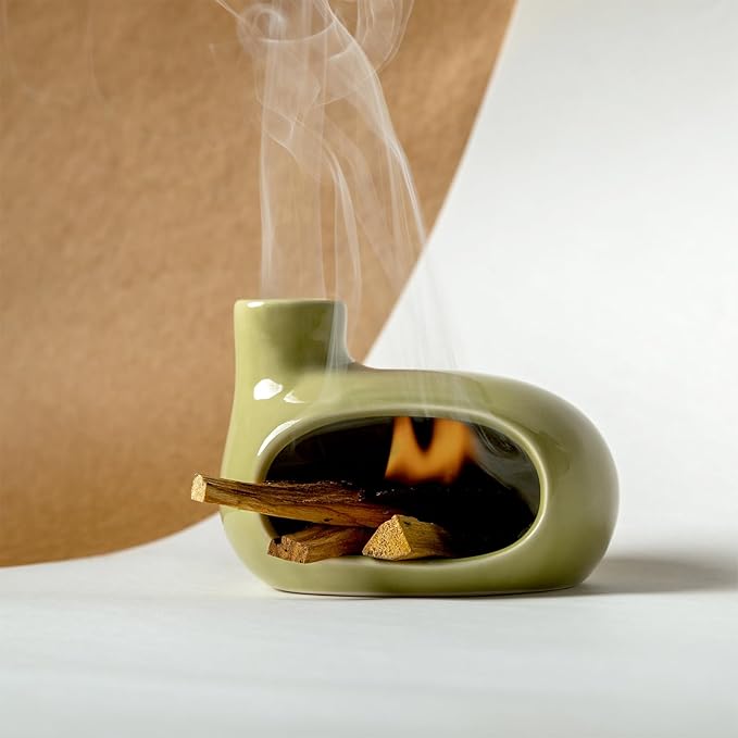 Palo Santo Holder Burner - Modern Chiminea Incense Dish for Palo Santo Sticks and Cones - Ceramic Meditation Gift with Natural Polished Surface - Perfect for Yoga, Aromatherapy