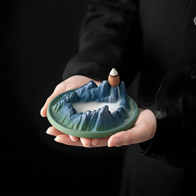 Backflow Incense Burner, Green Mountain Incense Holder for Cone Incense Stick,Ash Catcher,Aromatherapy Bathroom and Home Decoration