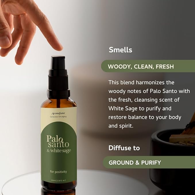 Palo Santo & White Sage Smudge Spray by Aromafume | 1 x 100ml / 3.38 fl oz l Aromatherapy | With Essential oils | Room Linen Spray | Natural Air freshners for home | Spiritual Meditation Accessories