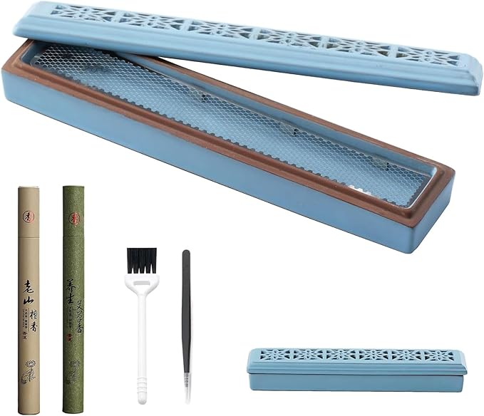 Incense Holder,Ceramic Incense Holder for Sticks with Ash Catcher,Coffin Style Incense Box,Incense Burner for Meditation Yoga Spa Room Decor(Blue)