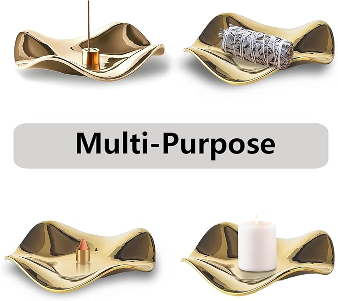 6.7 "Ceramic Incense Burner for Incense/Coil,Wavy Base with Brass -Incense Holder for Sticks,with Ash Catching Bowl for Meditation Yoga and Home Decoration (Gold)