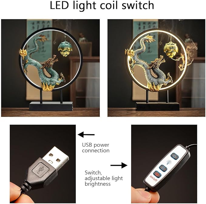 Chinese Ceramic Dragon Statue Backflow Incense Burner Sculpture with USB Power, LED Light Ring,Adjustable Brightness (BJL002)