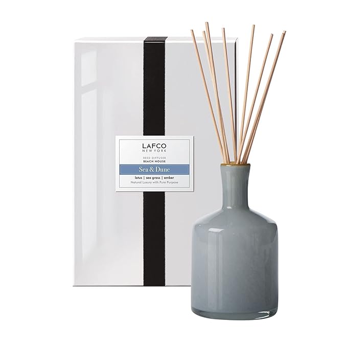 LAFCO New York Signature Reed Diffuser, Sea & Dune - 15 oz - Up to 9 Months Fragrance Life - Reusable, Hand Blown Glass Vessel - Natural Wood Reeds - Made in The USA