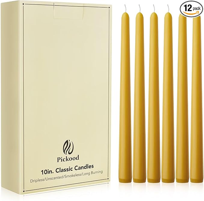 New Burning Formula Unscented Dripless 10-Inch Taper Candles Set of 12 - Spicy Mustard, for Wedding, Dinner - Smokeless, Long Burning - Hand Poured, Colored Tall Candlesticks - Mostaza Picante