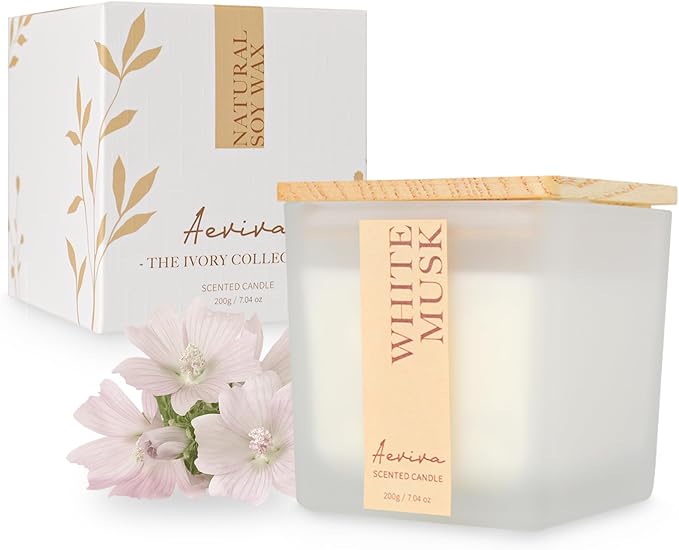 Scented Candle, 7.04 oz White Musk Aromatherapy Candle, Natural Soy Wax with Wooden Wick, Candles for Home, 45 Hours Burn Time, Scented Jar Candle Gifts