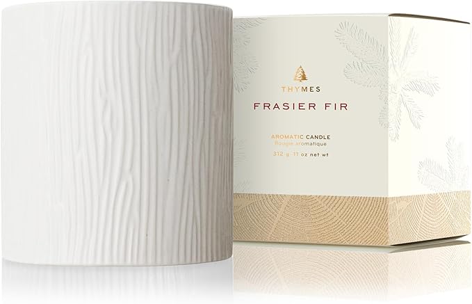 Thymes Frasier Fir Candle - Gilded Collection - Wood Grain Ceramic Design with 24-Karate Gold Rim - Mountain Fresh Fragrance - Elegant Winter Candle Scents - Gifts for Women & Men (Medium, 11 oz)