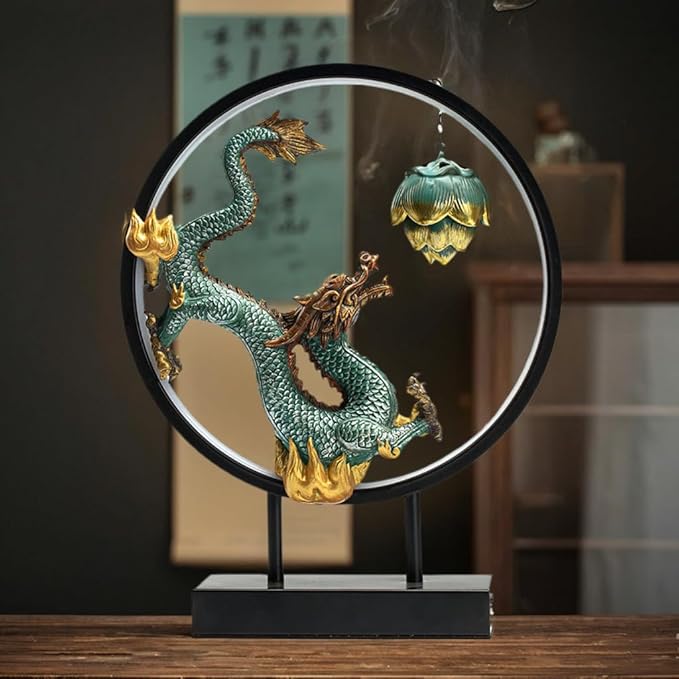 Chinese Ceramic Dragon Statue Backflow Incense Burner Sculpture with USB Power, LED Light Ring,Adjustable Brightness (BJL002)
