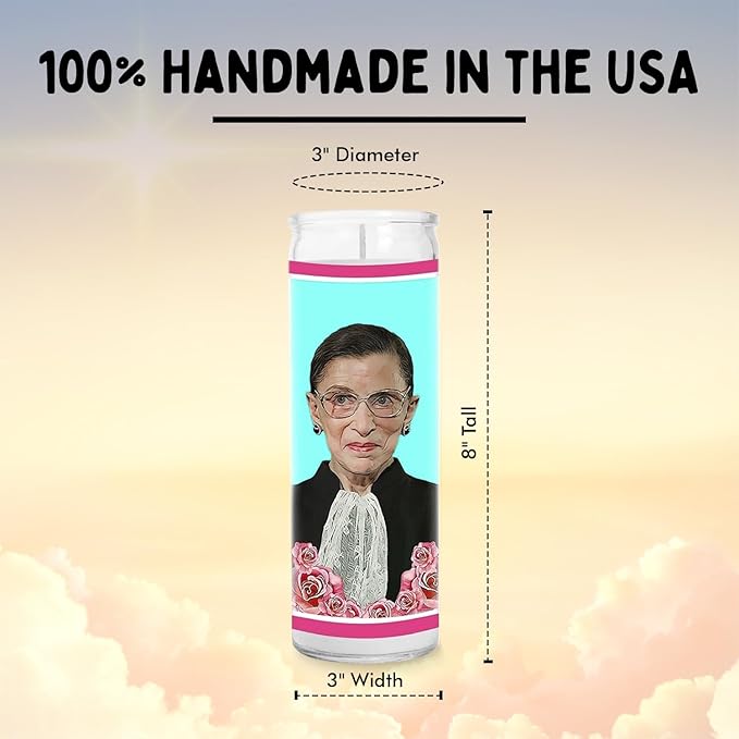 Ruth Celebrity Glass Jar Candle – Unscented Handmade Soy Wax Votive Candle – Unique Gift for Bader Ginsberg Fans & Law Lovers – Home Decor Collectible for Living Room & Office – 8 Inch