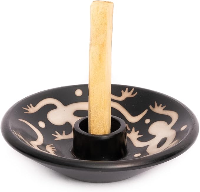 Luna Sundara Authentic Peru Pottery Palo Santo Stick and Incense Holder - Includes 5 Palo Santo Sticks - Handmade Ceramic Smudge Bowl Sage Holder - Black and White Lizard