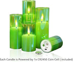 Eywamage Green Glass Flameless Candles with Remote Batteries, Flickering Slim Tall LED Pillar Votive Candles Set of 5