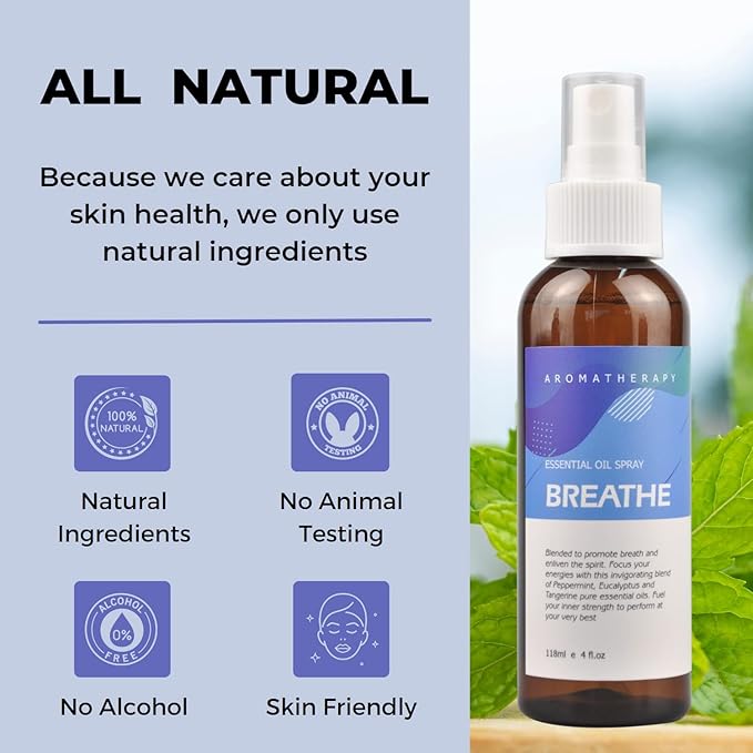 Benatu Peppermint Eucalyptus Essential Oil Blend Spray for Body and Hair, Multi-Use Natural Breathe Scent Aromatherapy Room Mist for Linen, Bedding, Fabric, Pillow, Car 4 fl oz