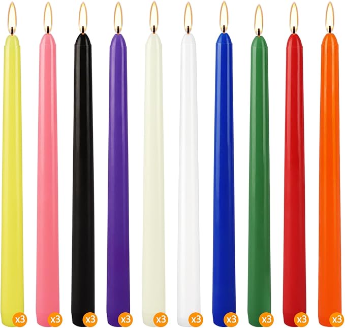 30 Pack 10 inch Assorted Color Spell Taper Candles –Unscented Dripless,Taper Candles for Rituals, Prayer, Birthdays, Meditation, Altar, Spells, Chime Candles - Ideal for Witches-10 Colours.