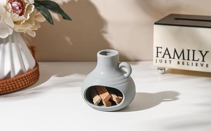 3 in 1 Holder Burner, Modern Chiminea Incense Burner for Palo Santo Sticks Cones Sage Bundles, Ceramic Smudge Bowl, Meditation Yoga Home Decor (Morandi Blue)