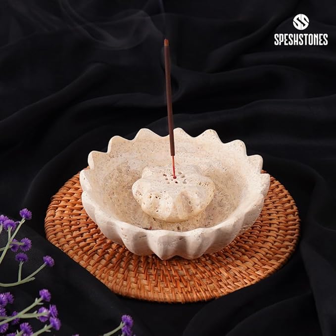 Marble Incense Holder 5.5 Inch Handmade Round Travertine Palo Santo Sticks Holder for Aesthetic Home & Bedroom décor, Inscents Stick Burner for Aromatherapy & Fragrance Accessories