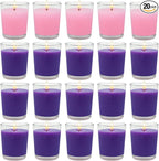 20 Packs Advent Candles with Clear Glass Holder, 15 Purple and 5 Pink Votive Candles, Unscented Seasonal Celebration Candles for Christmas Table Decoration