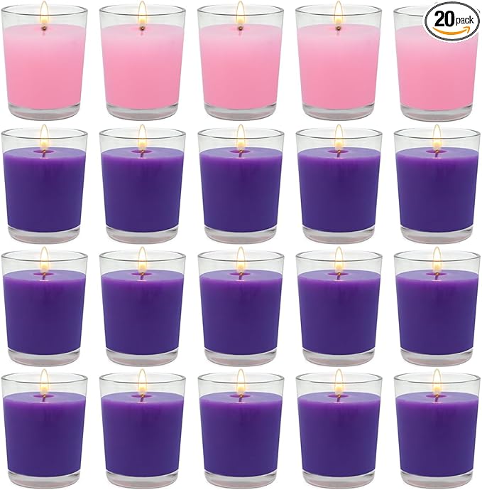 20 Packs Advent Candles with Clear Glass Holder, 15 Purple and 5 Pink Votive Candles, Unscented Seasonal Celebration Candles for Christmas Table Decoration