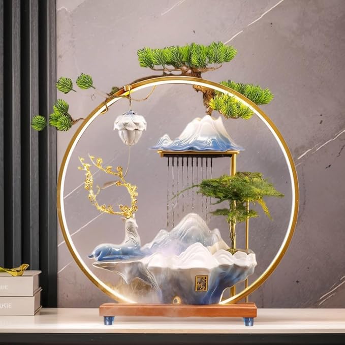 Desk Waterfall Fountain Indoor Ceramic Deer Sculpture,Tabletop Mini Water Fountain with Mist，Adjustable LED Light Ring and Backflow Incense Burner Holder(PQLU001)