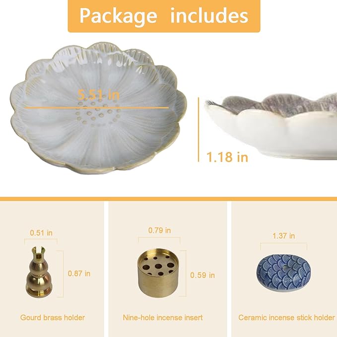 Ceramic Incense Holder for Sticks, Handmade Incense Burner Trays with 3 Pcs Incense Holes, Multi-Purpose Ash Catcher for Coils, White Sage & Palo Santo, Smudge Bowl for Meditation Yoga Decor (White)