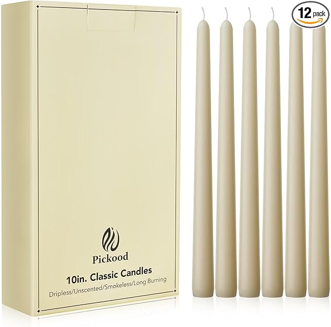 New Burning Formula Unscented Dripless 10-Inch Taper Candles Set of 12 - Ivory, for Wedding, Dinner - Smokeless, Long Burning - Hand Poured, Colored Tall Candlesticks - Marfil