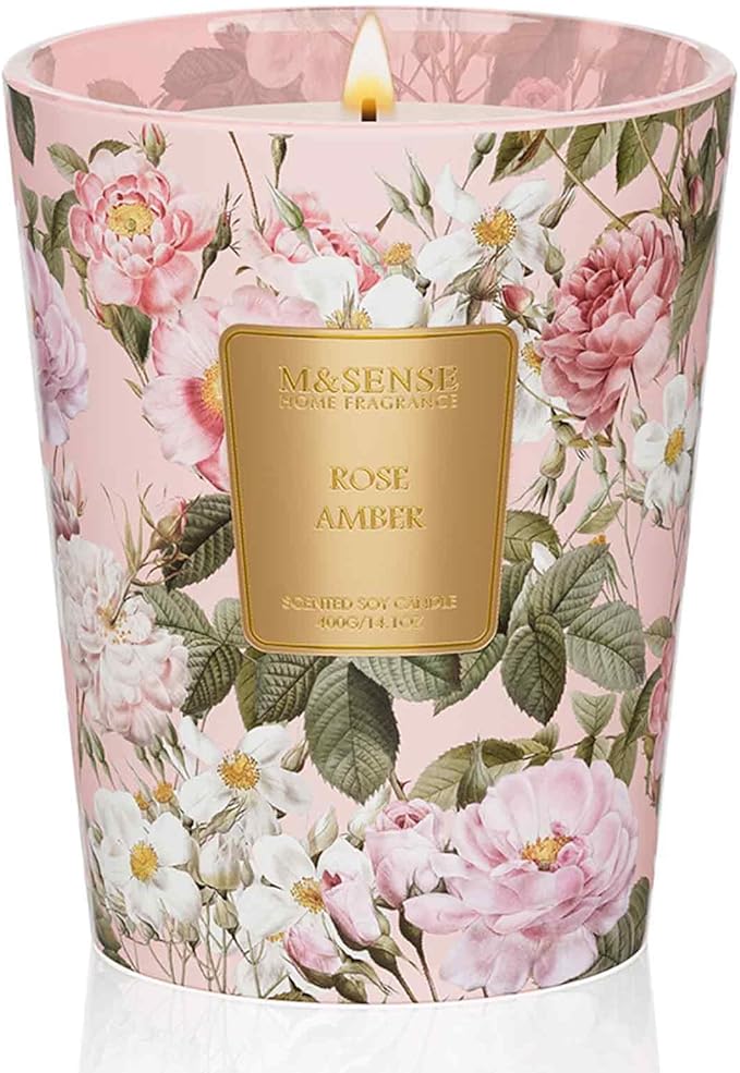 M&SENSE Rose Amber Scented Natural Soy Wax Candle, 14.1oz 60 Hours Long Lasting Slow Burning Candles for Home Decor, Aromatherapy Candle for Stress Relief