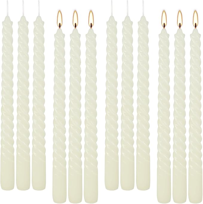 12 Pack 10 inch Ivory Spiral Taper Candles - Dripless, Smokeless, Unscented - 7 Hour Long Burning - Hand Poured Tall Candlesticks - Perfect for Dinner,Party,Wedding and Home Decoration.