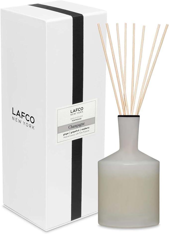 LAFCO New York Classic Reed Diffuser, Champagne - 6 oz - Up to 3 Months Fragrance Life - Reusable, Hand Blown Glass Vessel - Natural Wood Reeds - Made in The USA