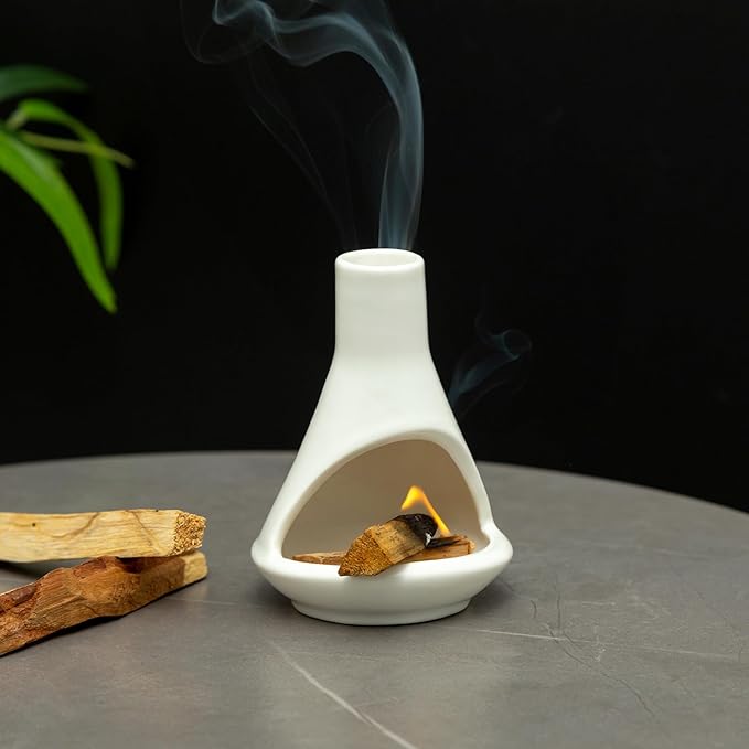 Ceramic Chiminea Palo Santo Holder and Burner - Modern Medieval Incense Candle and Matchstick Mini Chiminea for Wood Sticks and Bulk Incense with Ash Catcher - Zen-Inspired Home Decor Gift