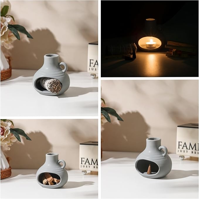 3 in 1 Holder Burner, Modern Chiminea Incense Burner for Palo Santo Sticks Cones Sage Bundles, Ceramic Smudge Bowl, Meditation Yoga Home Decor (Morandi Blue)