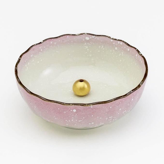 Asayu Japanese Lotus Incense Holder for Sticks 4.1 inch (105mm), Traditional Made in Japan Ceramic Ash Catcher and Brass Incense Burner Set - Pink