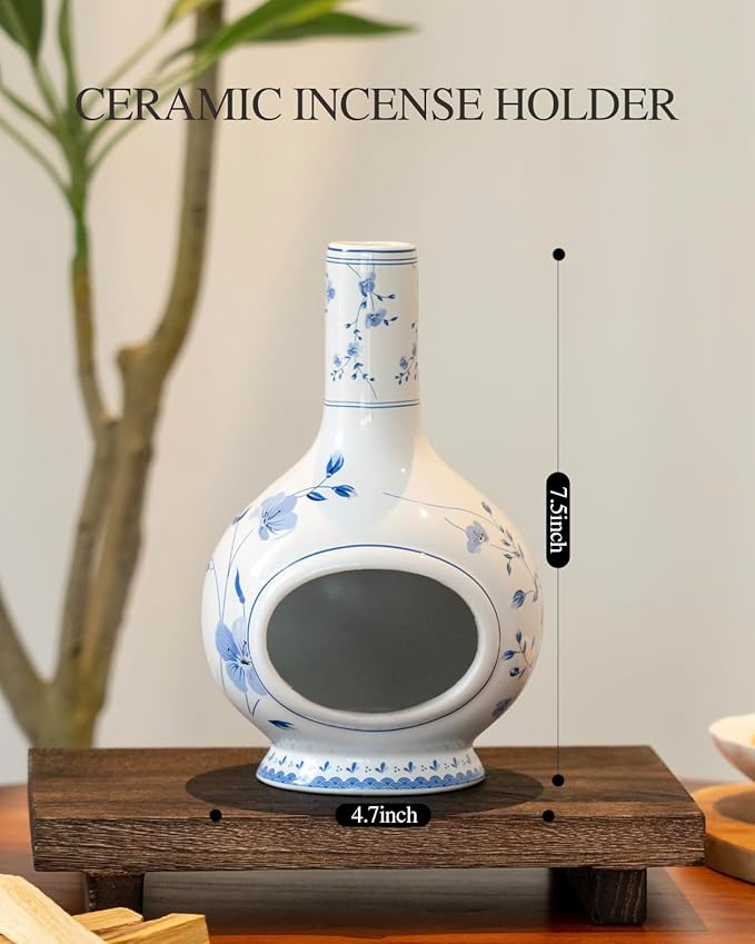 Ceramic Incense Holder Palo Santo Burner - Handmade Blue and White Porcelain Mini Chiminea for Ash Catching & Meditation Decor - Vintage Oriental Burner for Yoga Room Spiritual Gift