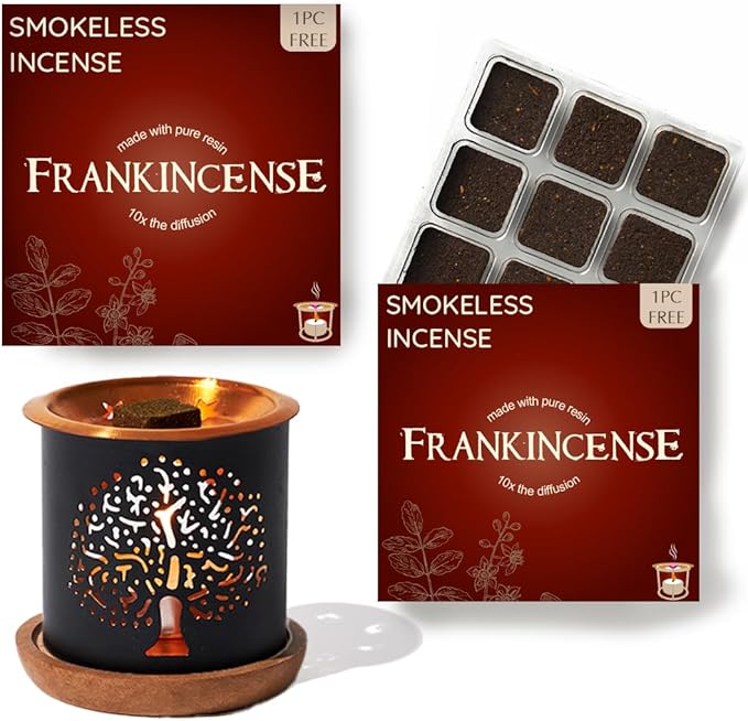 Frankincense Incense Bricks & Tree of Life Exotic Burner by Aromafume | 2 Trays x 9 Bricks | Boswellia Carterii & Boswellia Serrata Extract, Native to East Africa & India | Low-Smoke & Non-Toxic