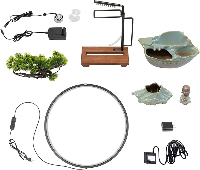 Backflow Incense Holder with Water Fountains and LED Light, Rockery, Monk and Plants Perfect for Relaxing or Home Decor (Monk witn Rockery)