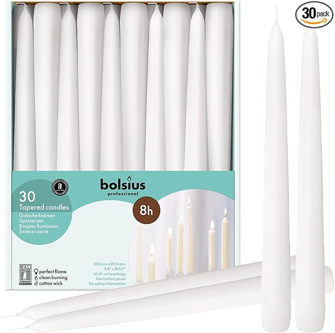 BOLSIUS Long White Taper Candles - Bulk Pack of 30 Count - 10-inch Unscented Household Candlesticks - Premium European Quality Wax - 8 Hour Long Burning Candles for Home Décor, Weddings & Parties