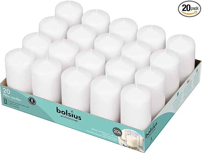 BOLSIUS Set of 20 White Pillar Candles - 2x4 inch Unscented Candle Set - Dripless Clean Burning Smokeless Dinner Candle - Perfect for Wedding Candles, Parties and Special Occasions