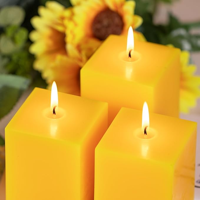 KONNI Square Yellow Pillar Candles Set of 3, 2.8"x 4" Unscented Pillar Candles Bulk, 30 Hours Long Burning Candles, Smokeless and Dripless Large Candle for Wedding, Home Decoration, Parties, Spas