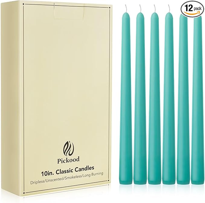 New Burning Formula Unscented Dripless 10-Inch Taper Candles Set of 12 - Turquoise, for Wedding, Dinner - Smokeless, Long Burning - Hand Poured, Colored Tall Candlesticks - Turquesa