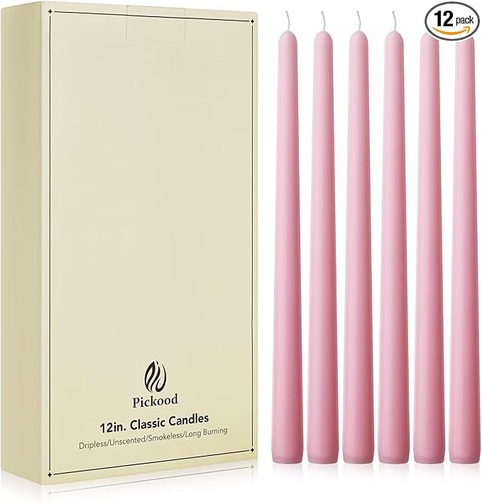 New Burning Formula Unscented Dripless 12-Inch Taper Candles Set of 12 - Pink, for Wedding, Dinner - Smokeless, Long Burning - Hand Poured, Colored Tall Candlesticks - Rosa