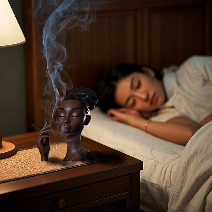 Sophisticated and Elegant Headscents-Head Incense Burner - Black Woman Smoking Head Incense Burner Design Calming Room Waterfall Decor and Unique Home Gift,Desk Decor (A)