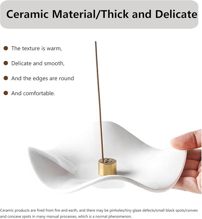 6.7 "Ceramic Incense Burner for Incense/Coil,Wavy Base with Brass -Incense Holder for Sticks,with Ash Catching Bowl for Meditation Yoga and Home Decoration (White)
