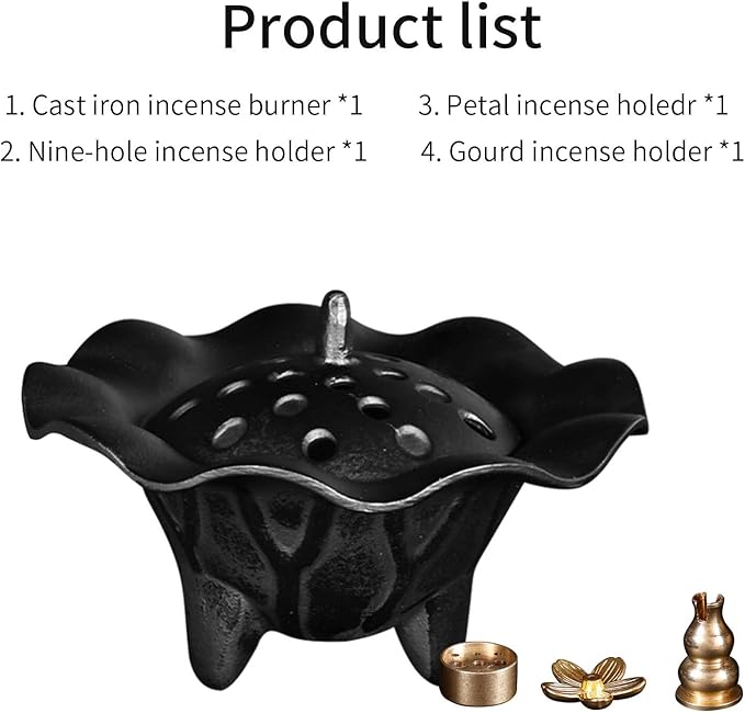 AIMITOFO Cast Iron Incense Burner - 4 in 1 Incense Burner Holder Set - Lotus Leaf Shape Ash Catcher with Lid for Ritual Purpose, Decor, Etc...