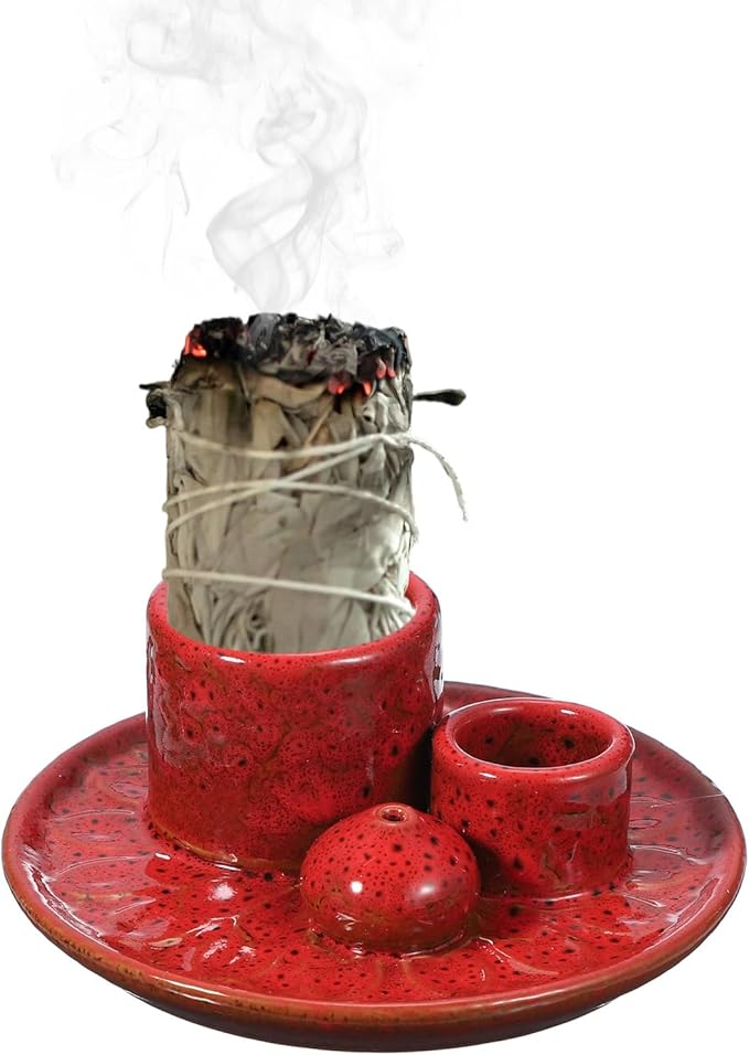 uxcell Incense Burner, 4 in 1 Ceramic Incense Holder Santo Holder Ash Catcher & Candle Holder Decorative Bowl for Meditation Stick Aromatherapy Yoga, Red